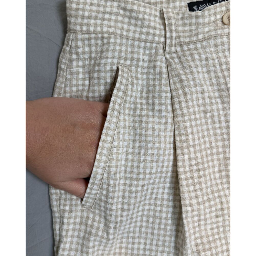 Vtg Linen/Cotton High Waist Tan White Pleat Front Gingham Pants Fits Sz S Cottag - Picture 3 of 5
